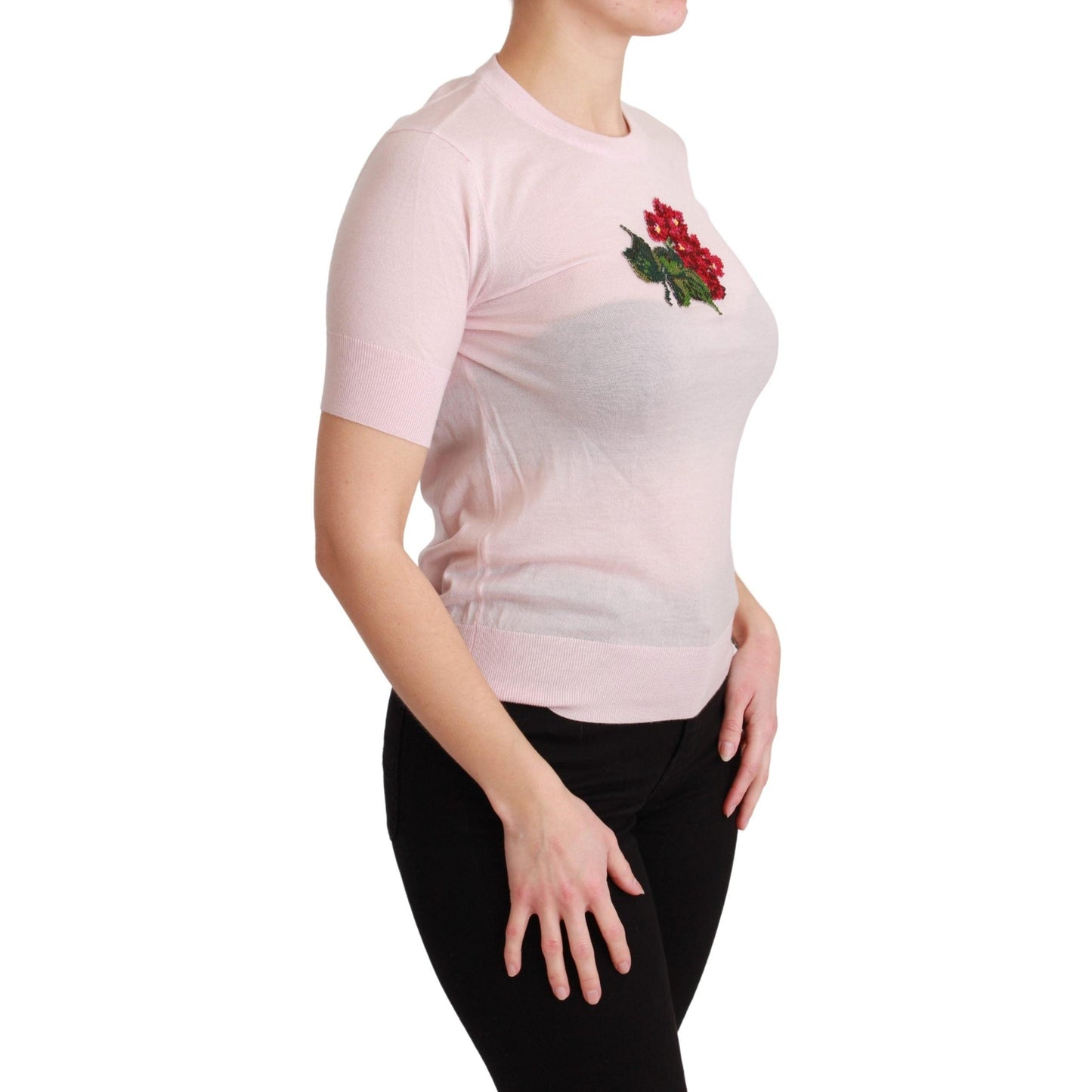 Pink Floral Embroidered Blouse Cashmere Top
