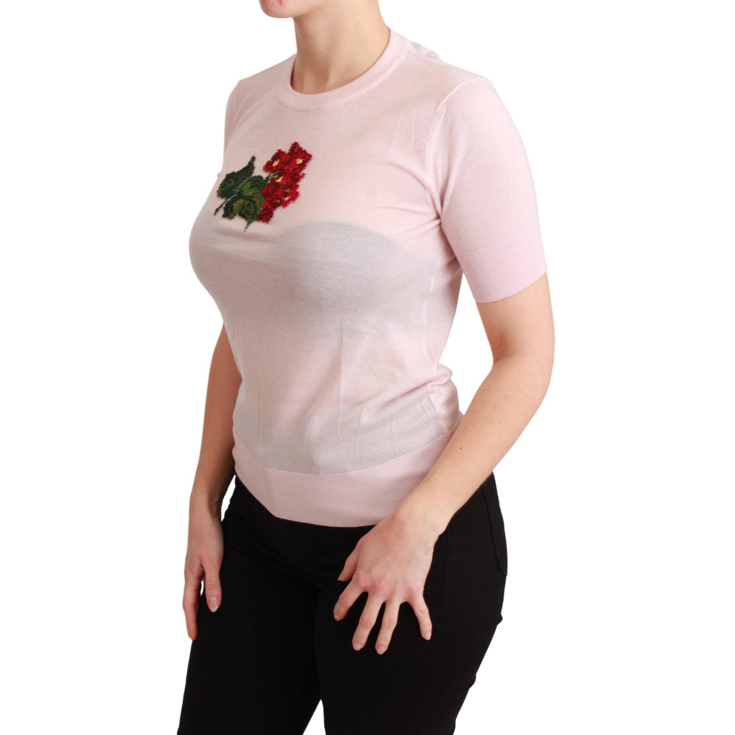 Pink Floral Embroidered Blouse Cashmere Top