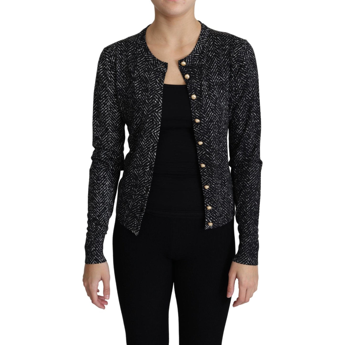 Gray Chevron Wool Ribbed Cardigan Sweater