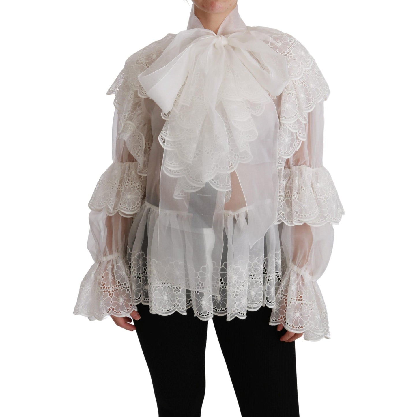 White Lace Layered Long Sleeve Blouse Silk Top