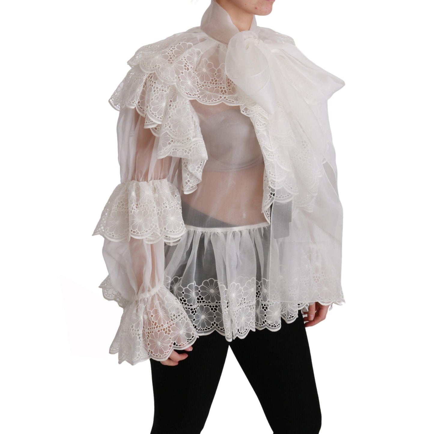 White Lace Layered Long Sleeve Blouse Silk Top