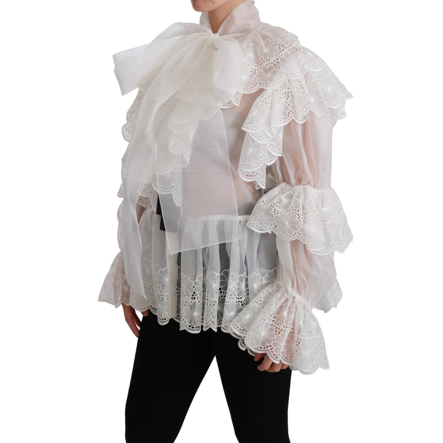 White Lace Layered Long Sleeve Blouse Silk Top