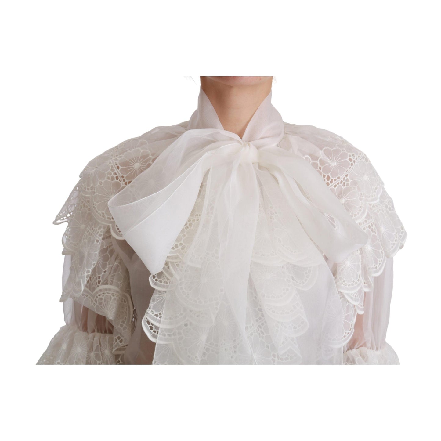 White Lace Layered Long Sleeve Blouse Silk Top