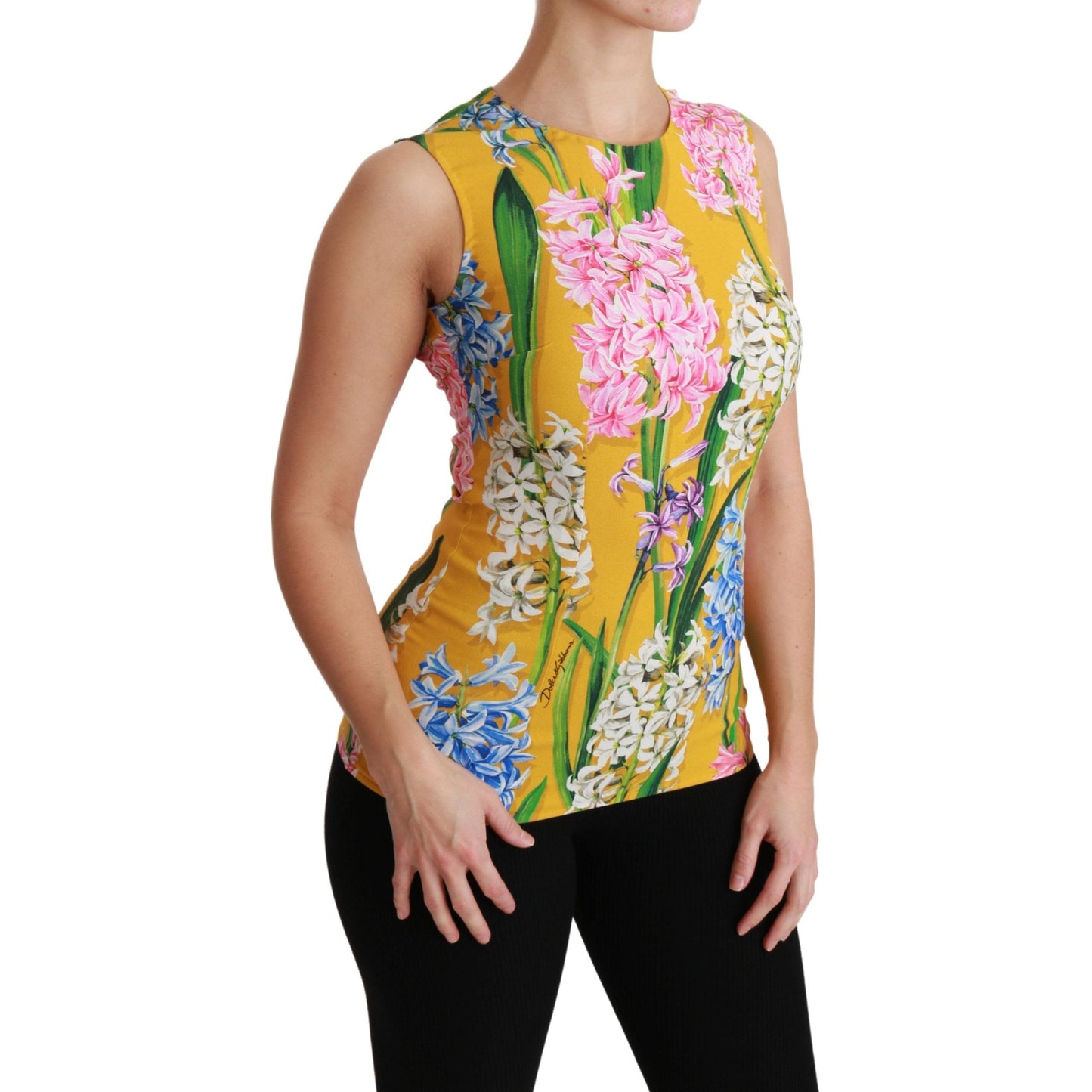 Yellow Floral Stretch Top Tank Blouse