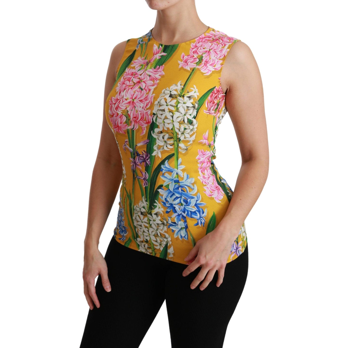 Yellow Floral Stretch Top Tank Blouse