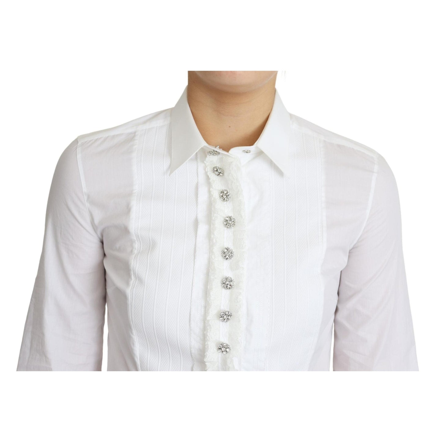 White Cotton Crystal Button Collared Top