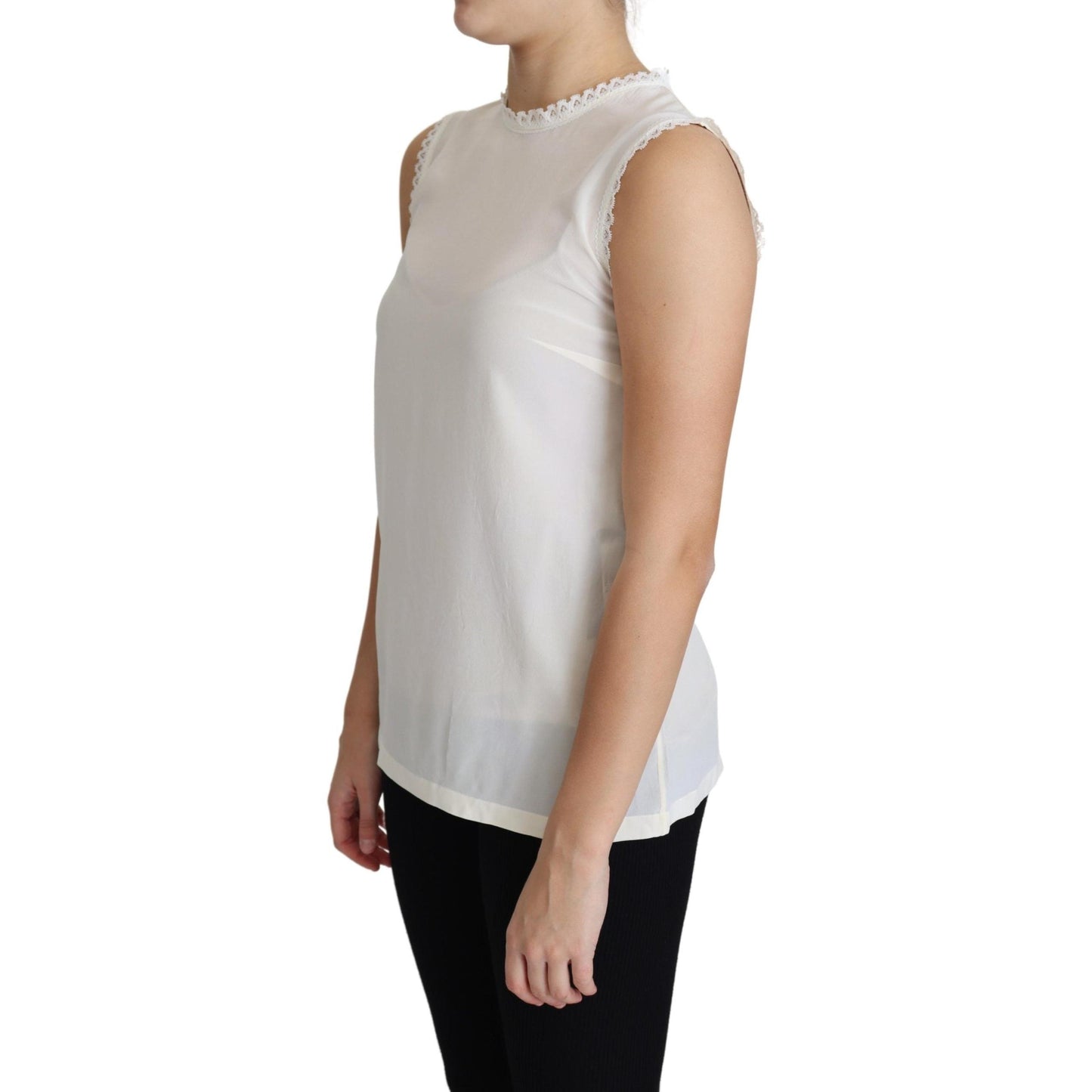 White Blouse Silk Lace Trimmed Sleeveless Top