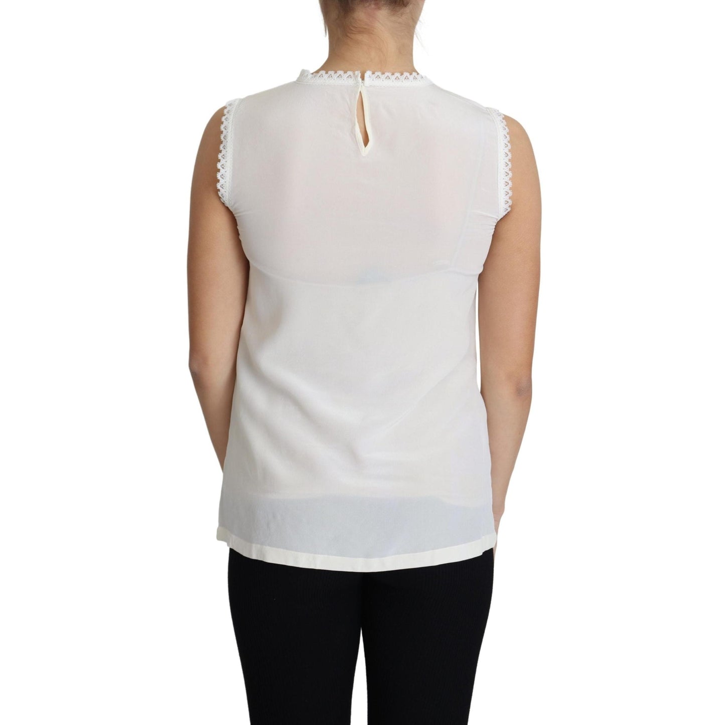 White Blouse Silk Lace Trimmed Sleeveless Top