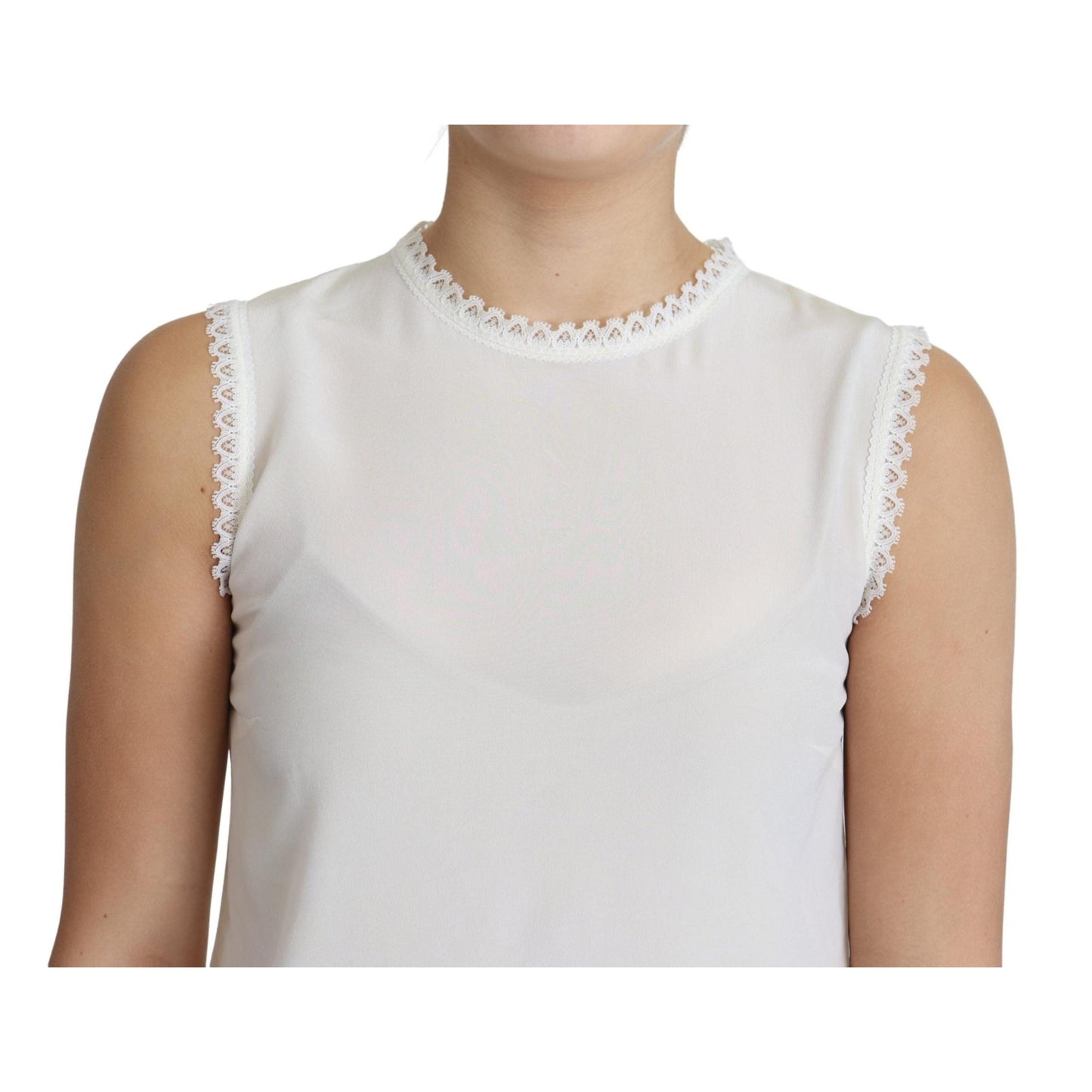 White Blouse Silk Lace Trimmed Sleeveless Top