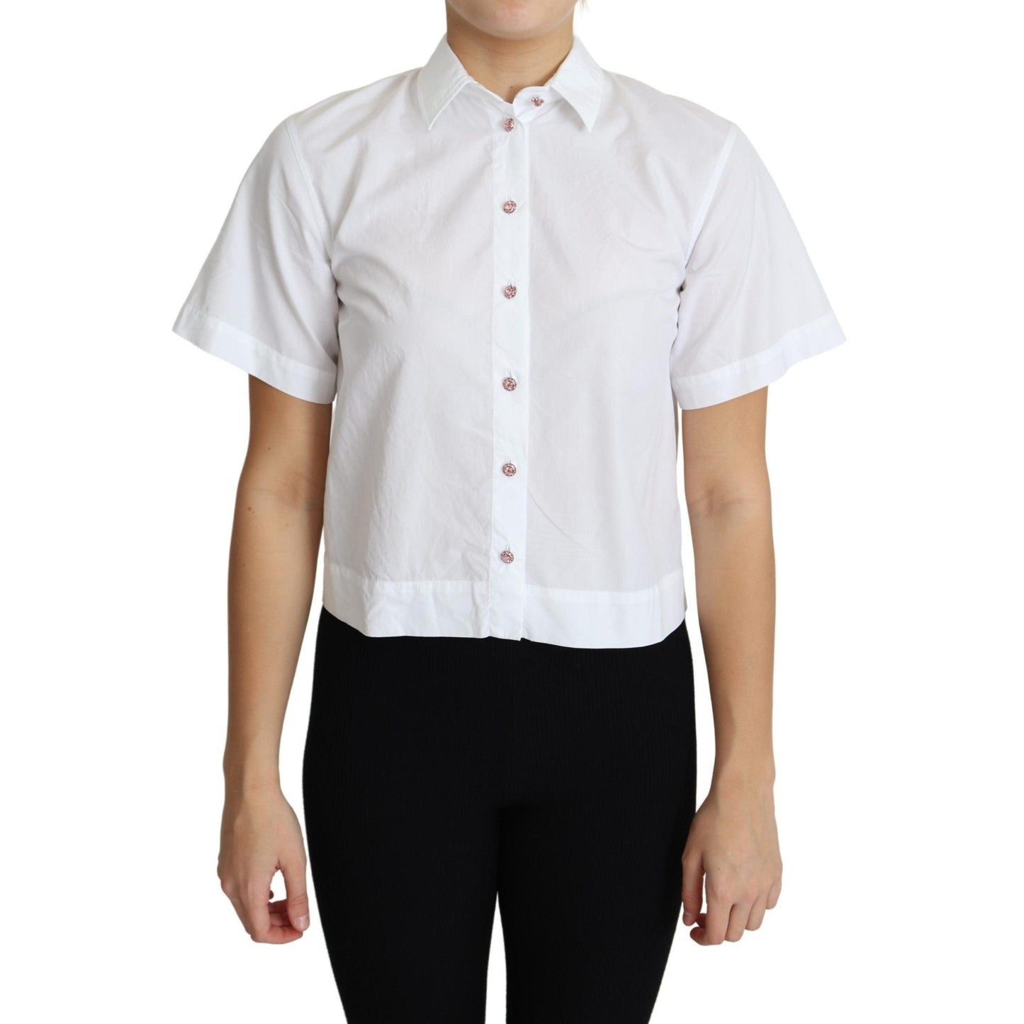 White Cotton Decorative Button Collared Top