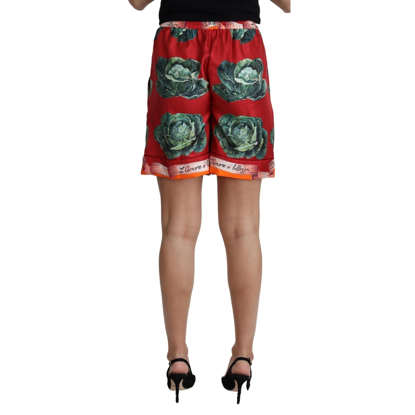 Red Cabbage Print Silk High Waist Shorts