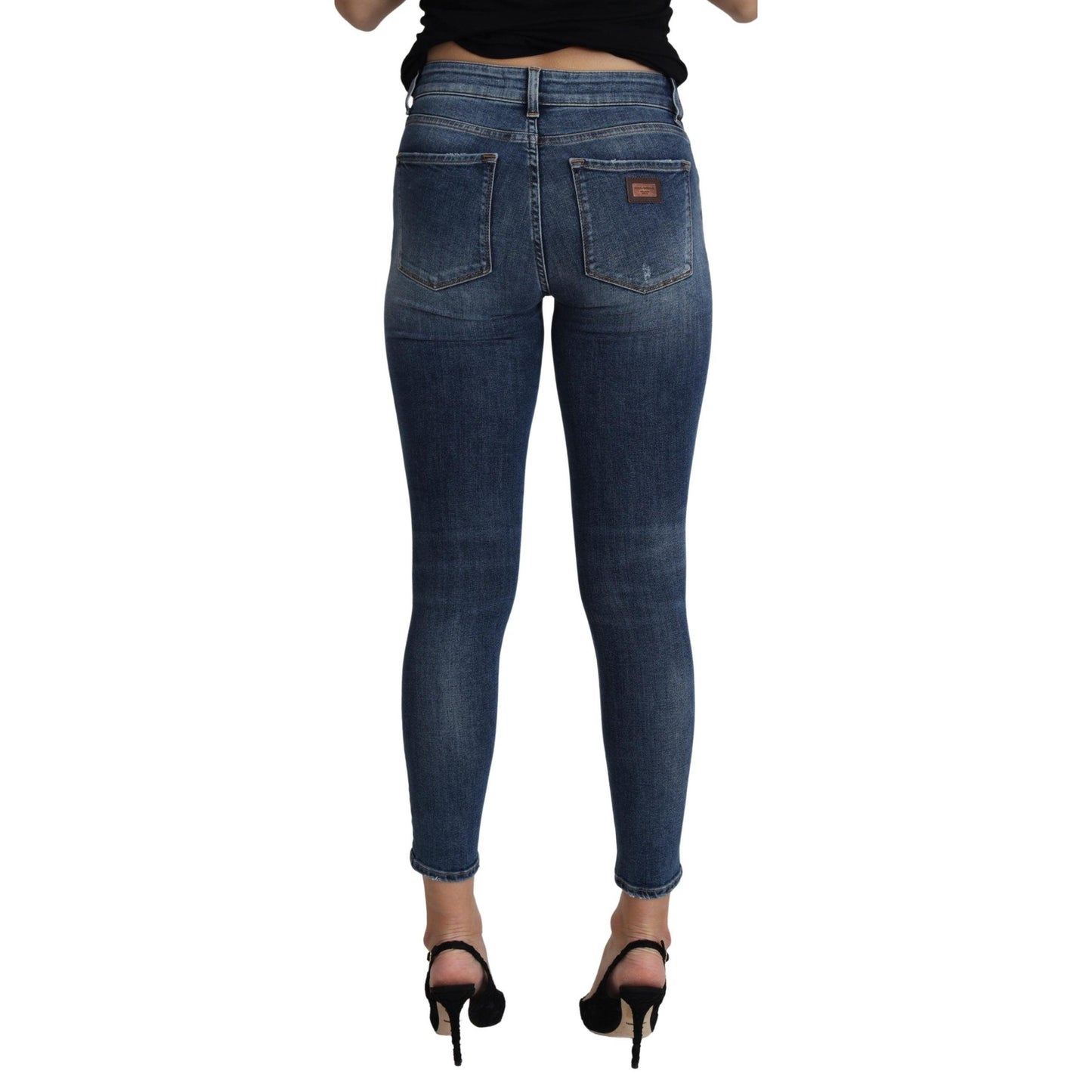 Blue Cotton Distressed Cropped Slim Denim Jeans