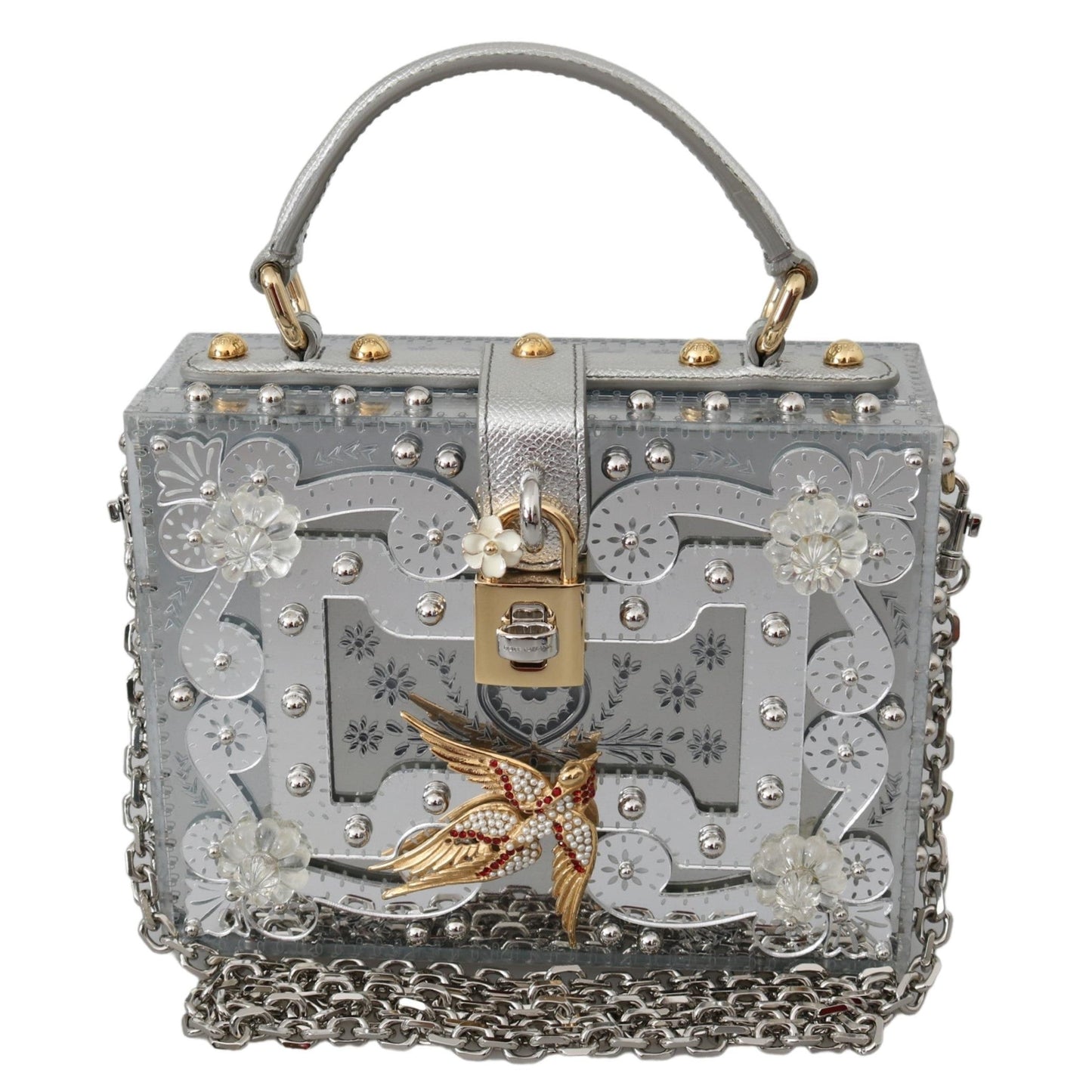 Silver Floral Padlock Sling Clutch Crystal BOX Bag - coffeewithmee2