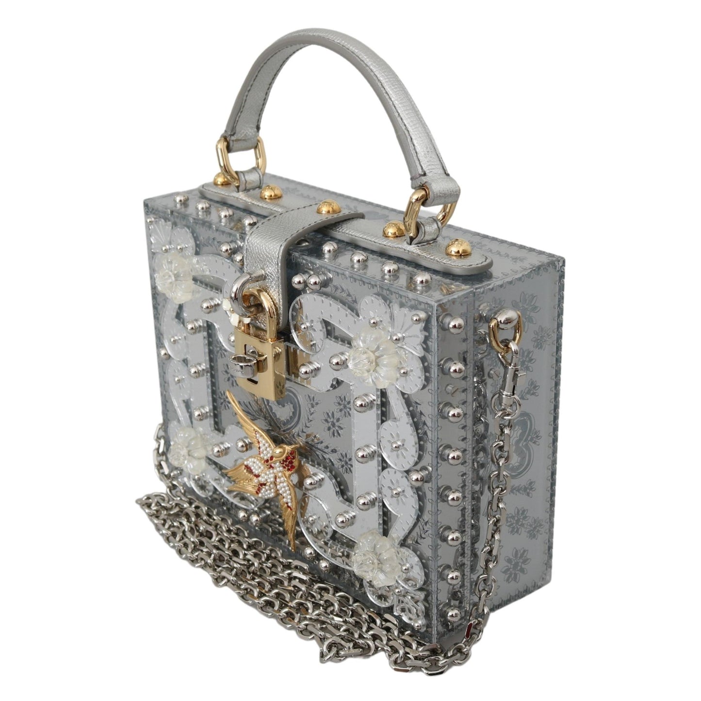 Silver Floral Padlock Sling Clutch Crystal BOX Bag - coffeewithmee2