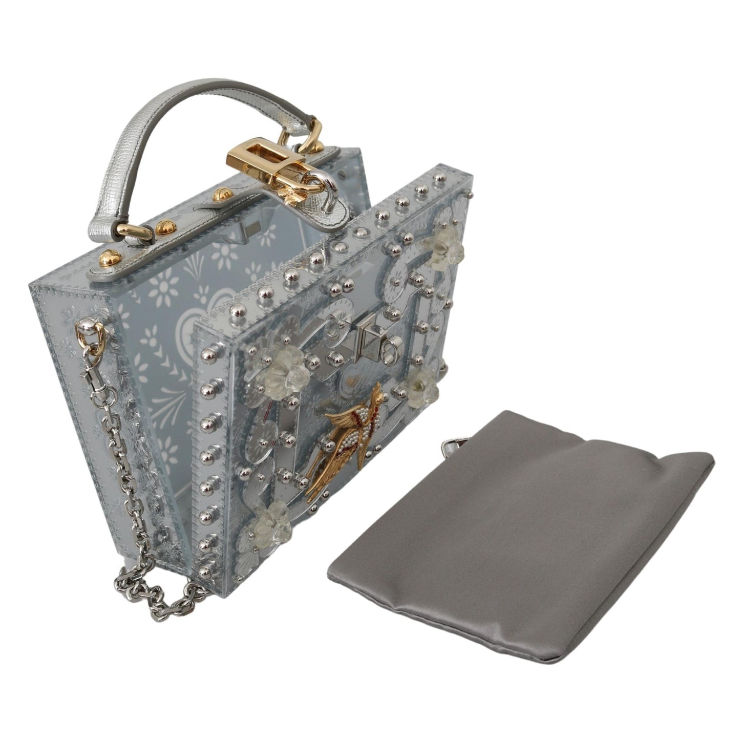Silver Floral Padlock Sling Clutch Crystal BOX Bag - coffeewithmee2