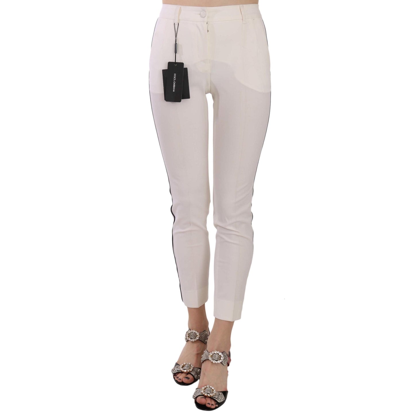White Side Stripe Cropped Skinny Pants