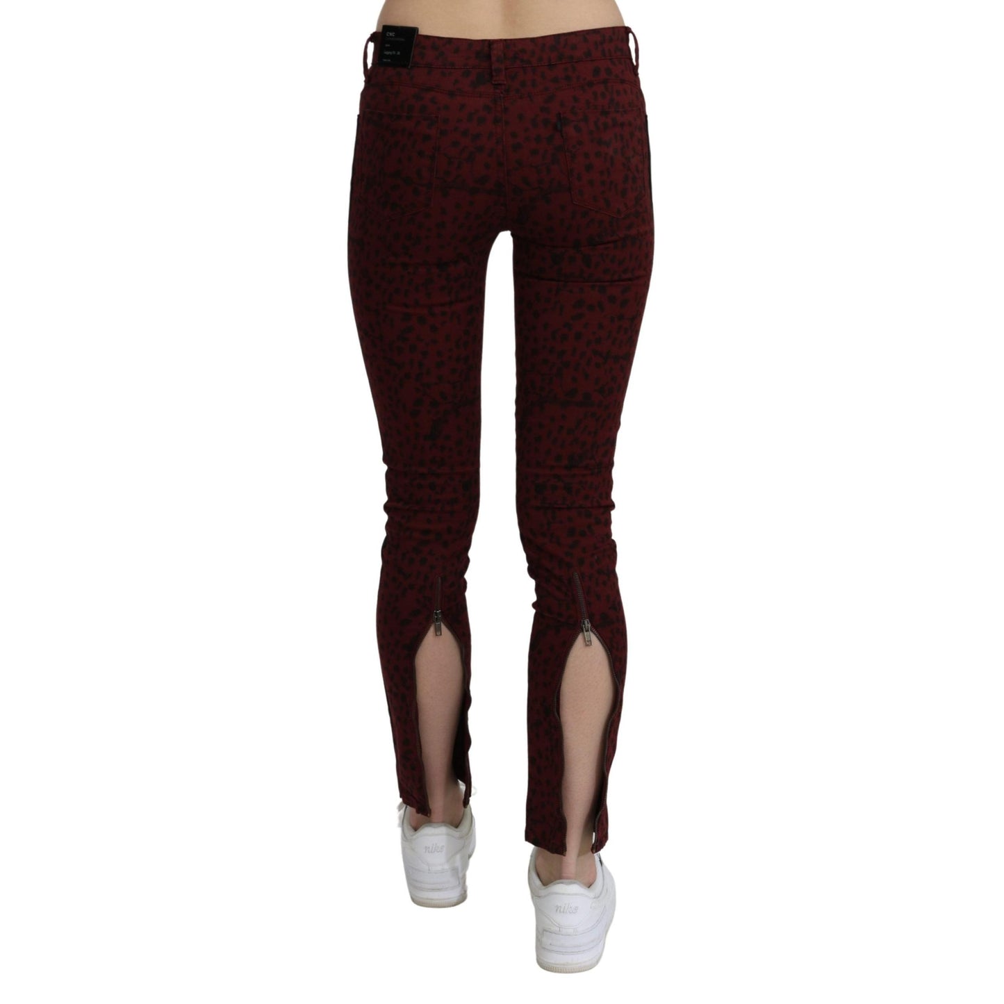 Dark Red Mid Waist Slim Fit Cotton Jeans
