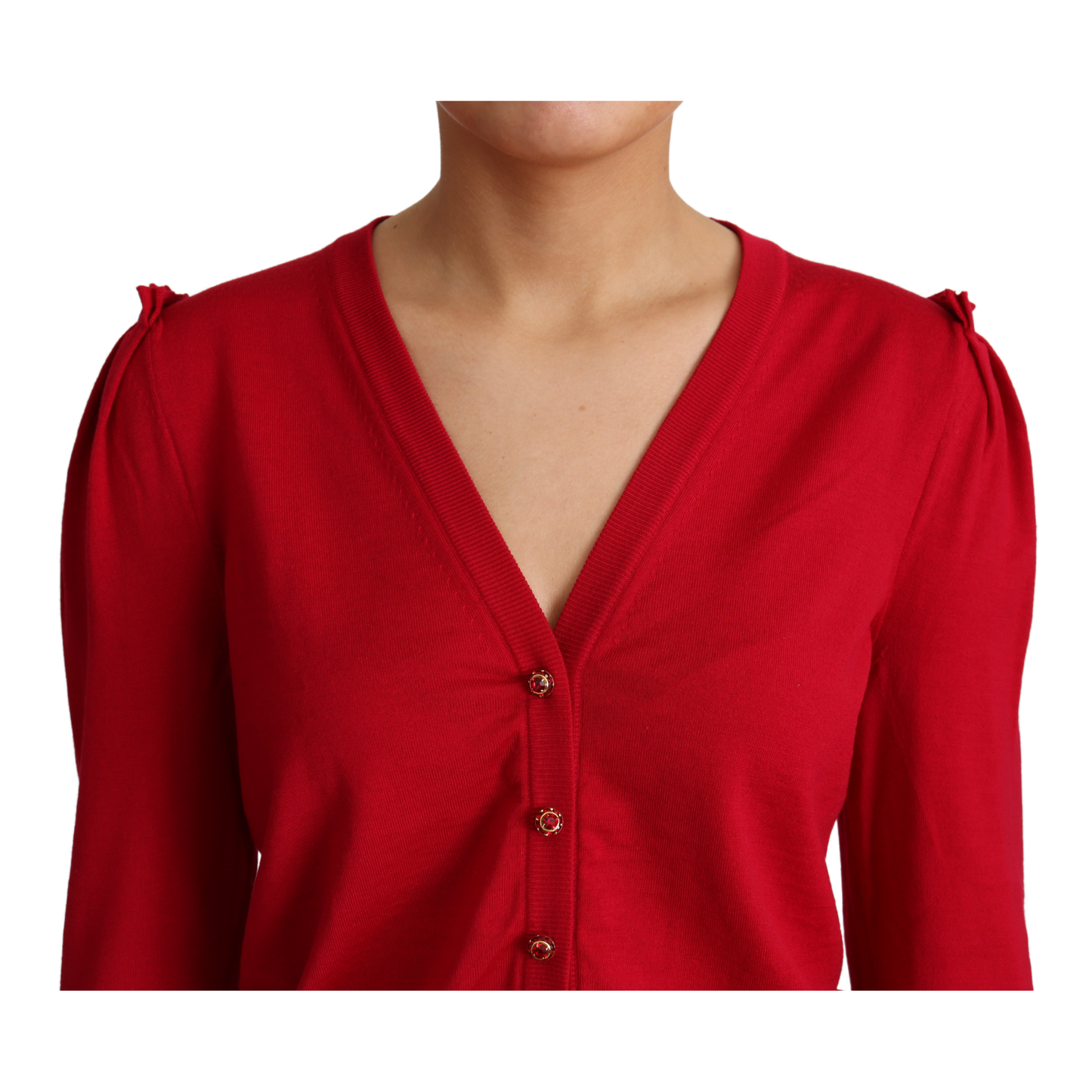 Red Wool Deep V-neck Women Cardigan Sweater