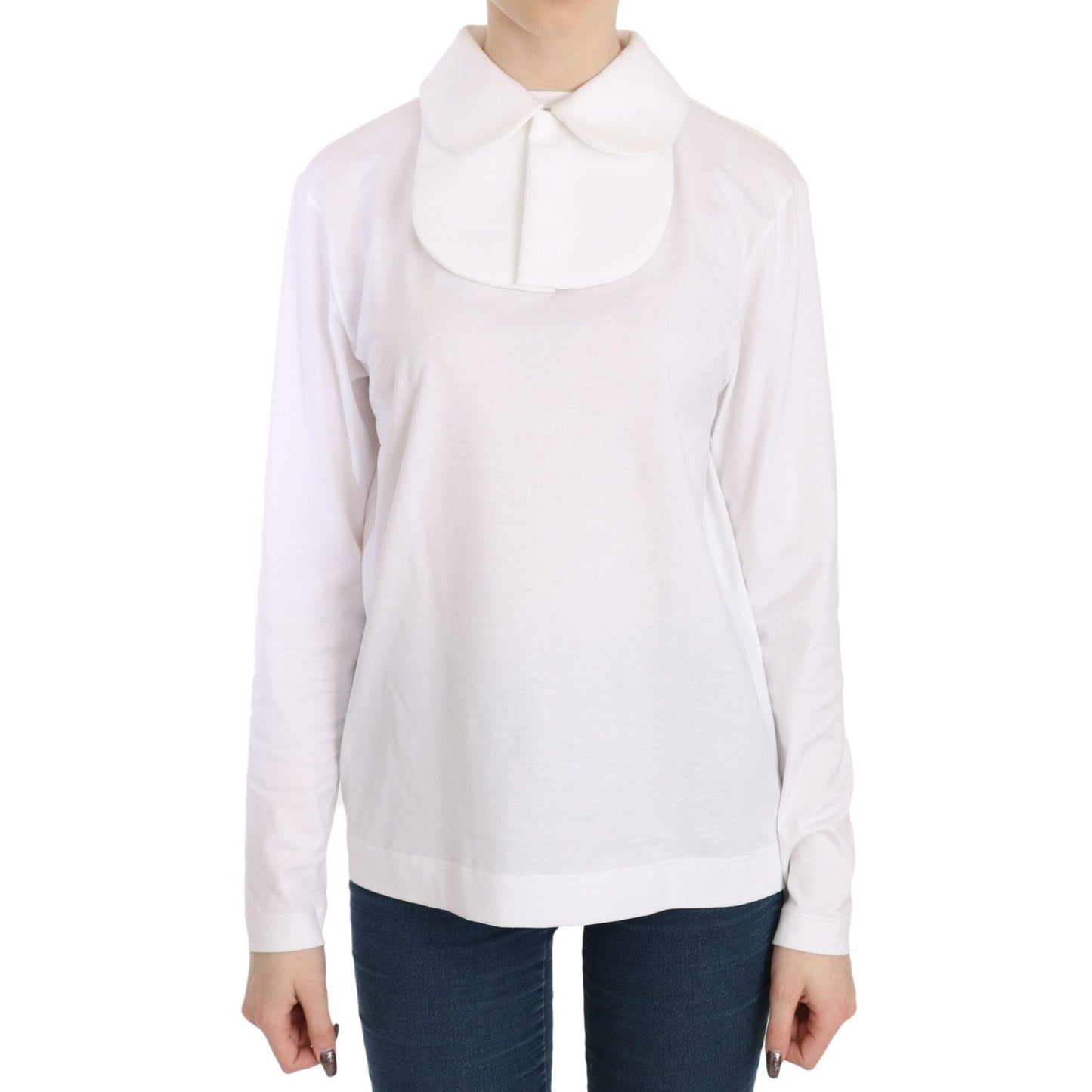 White Cotton Longsleeve Collared Top Blouse