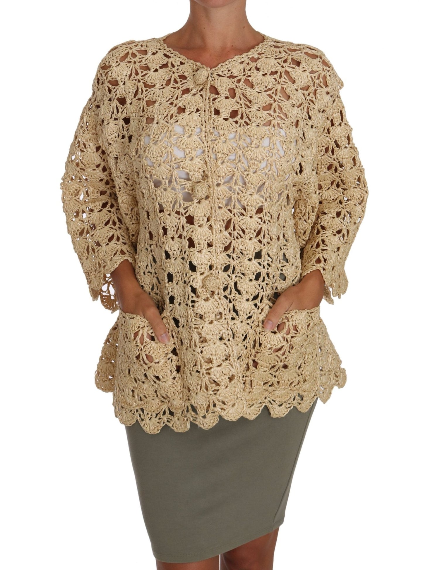 Beige Cardigan Crochet Knitted Raffia Sweater - coffeewithmee2Dolce & GabbanaP1450S