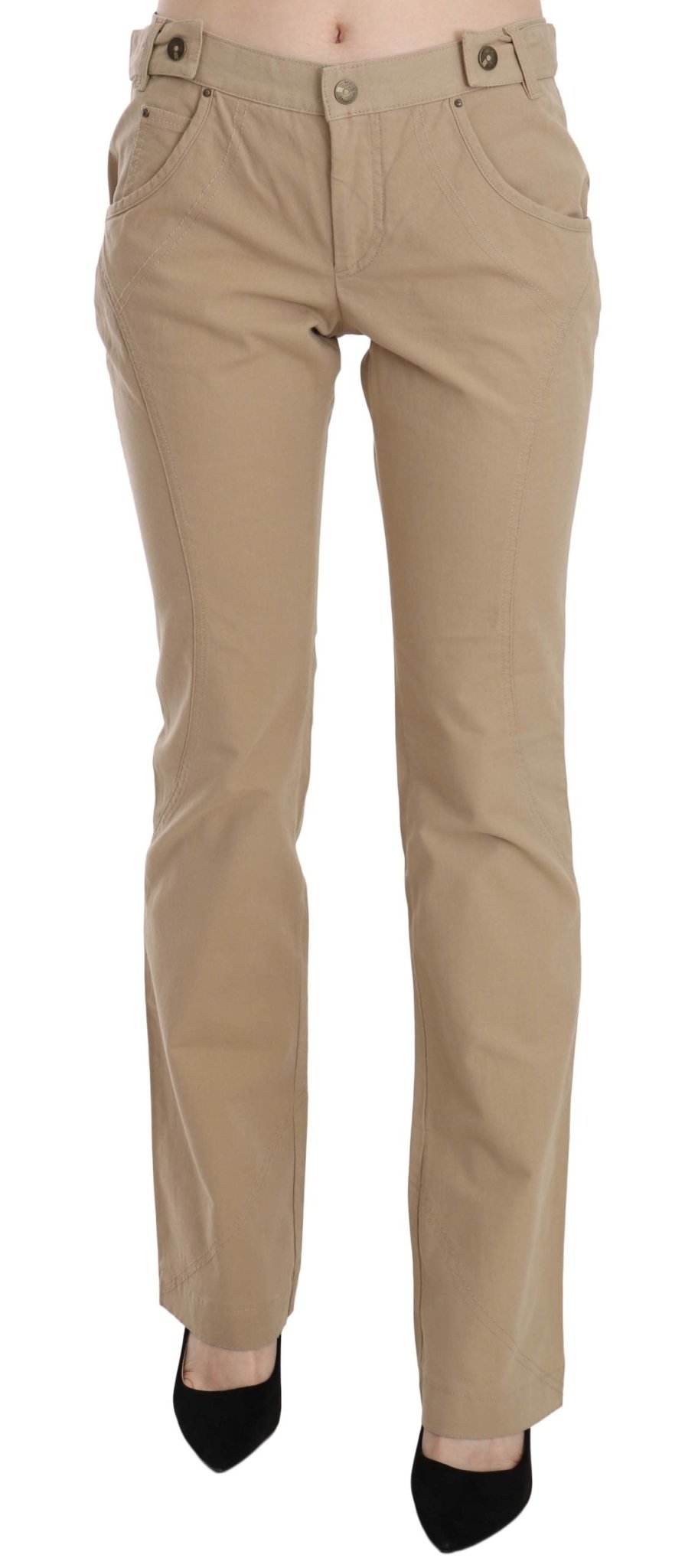 Beige Cotton Mid Waist Straight Trousers Pants - coffeewithmee2Just CavalliP2329S