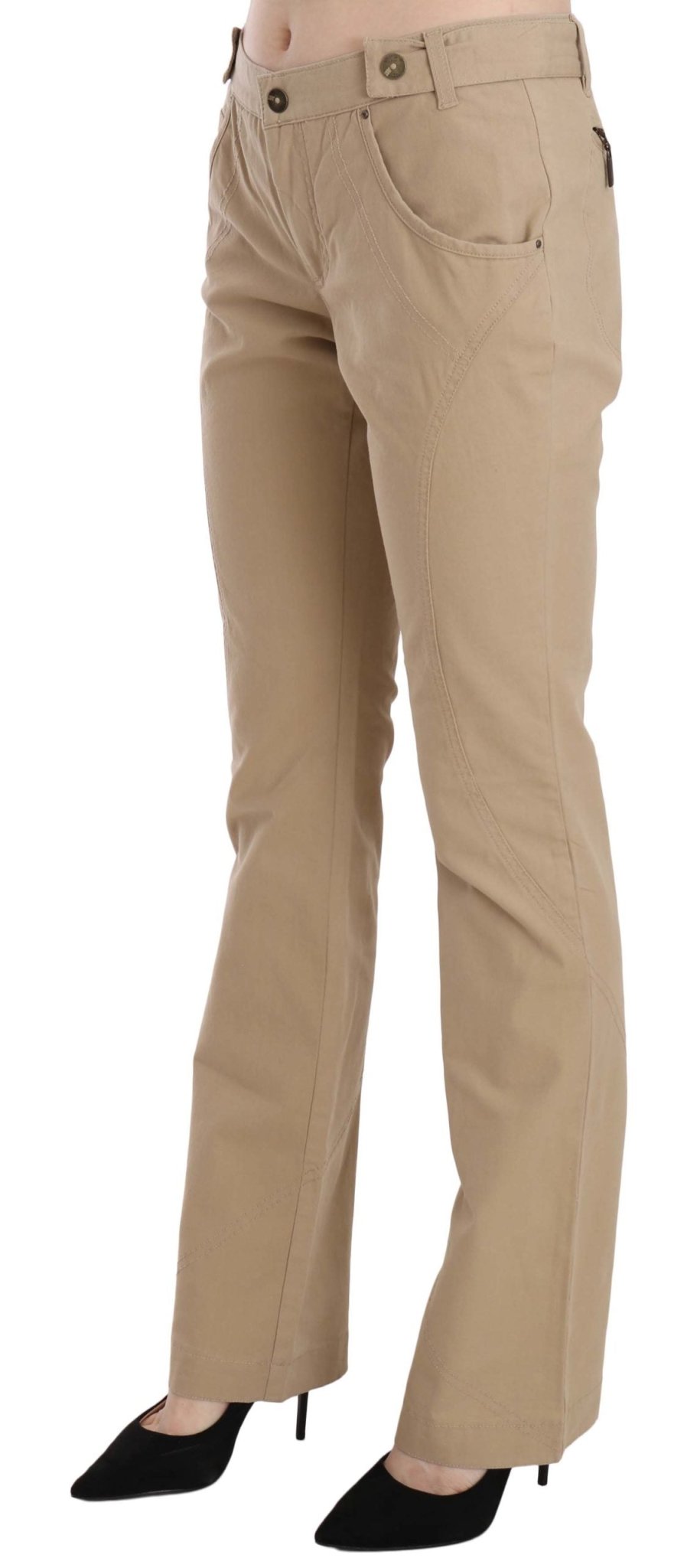 Beige Cotton Mid Waist Straight Trousers Pants - coffeewithmee2Just CavalliP2329S