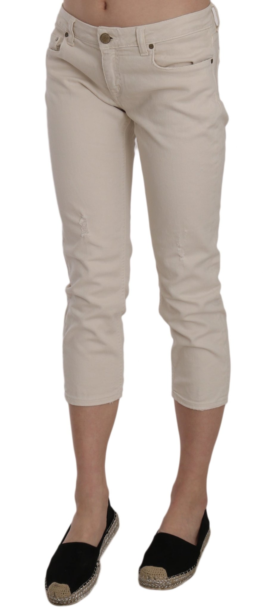 Beige Cotton Stretch Low Waist Skinny Cropped Capri Jeans - coffeewithmee2DondupP2270S