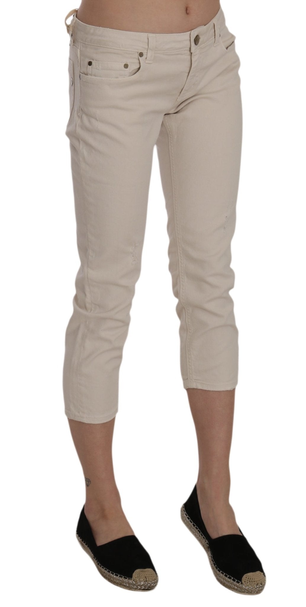 Beige Cotton Stretch Low Waist Skinny Cropped Capri Jeans - coffeewithmee2DondupP2270S
