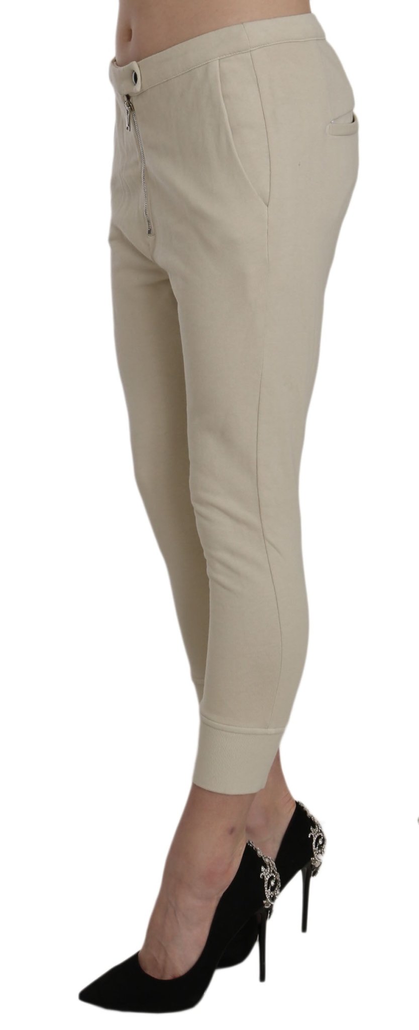 Beige Mid Waist 100% Cotton Skinny Cropped Pants - coffeewithmee2DondupP2511S