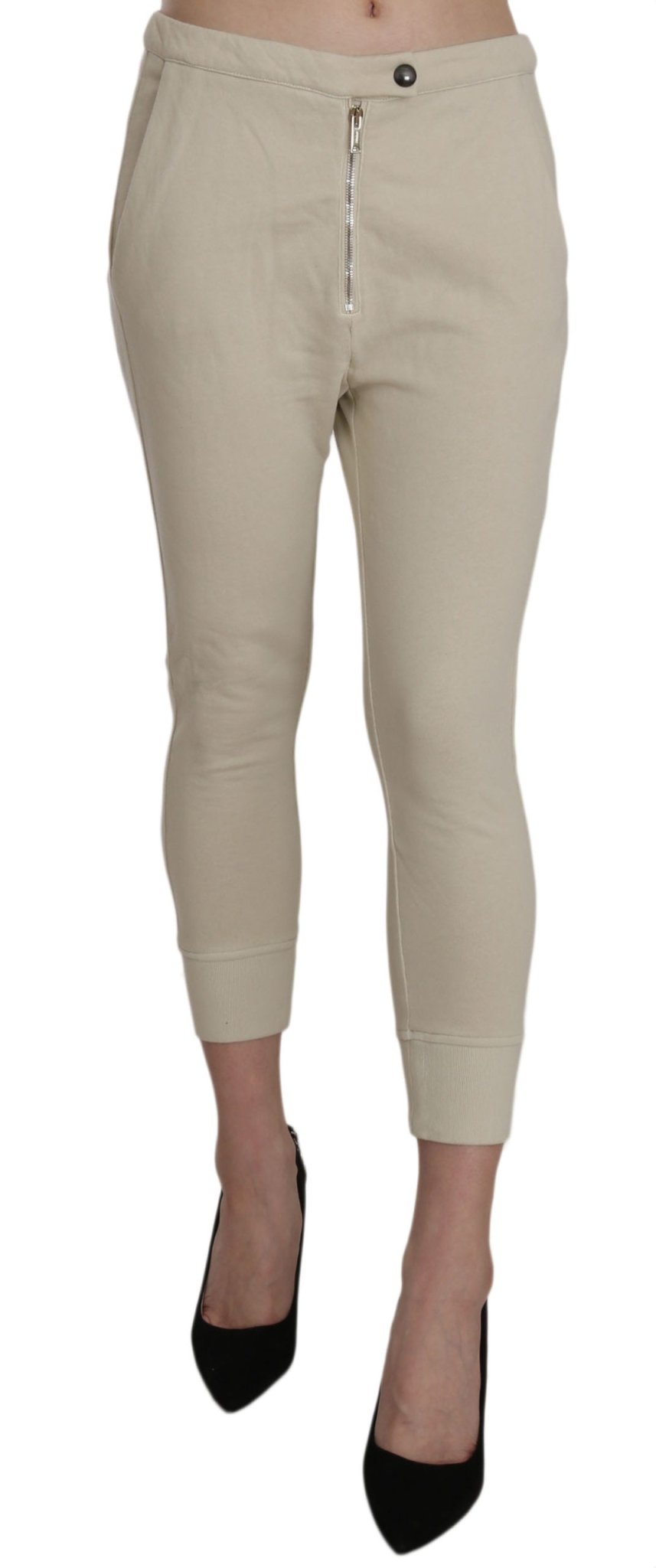 Beige Mid Waist 100% Cotton Skinny Cropped Pants - coffeewithmee2DondupP2511S