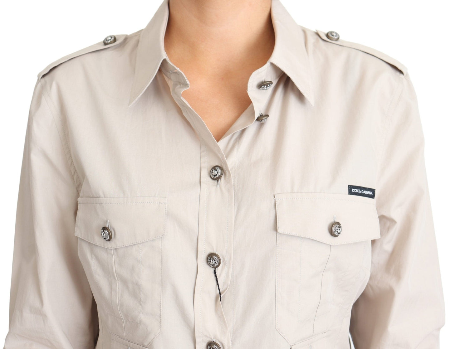 Beige Poplin Safari Fitted Pocket Shirt Top - coffeewithmee2Dolce & GabbanaP3873S