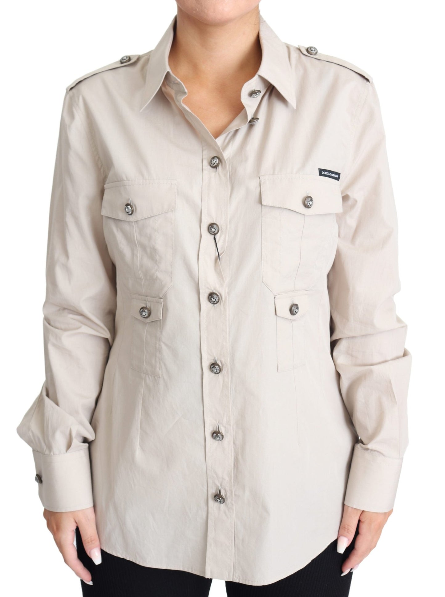 Beige Poplin Safari Fitted Pocket Shirt Top - coffeewithmee2Dolce & GabbanaP3873S