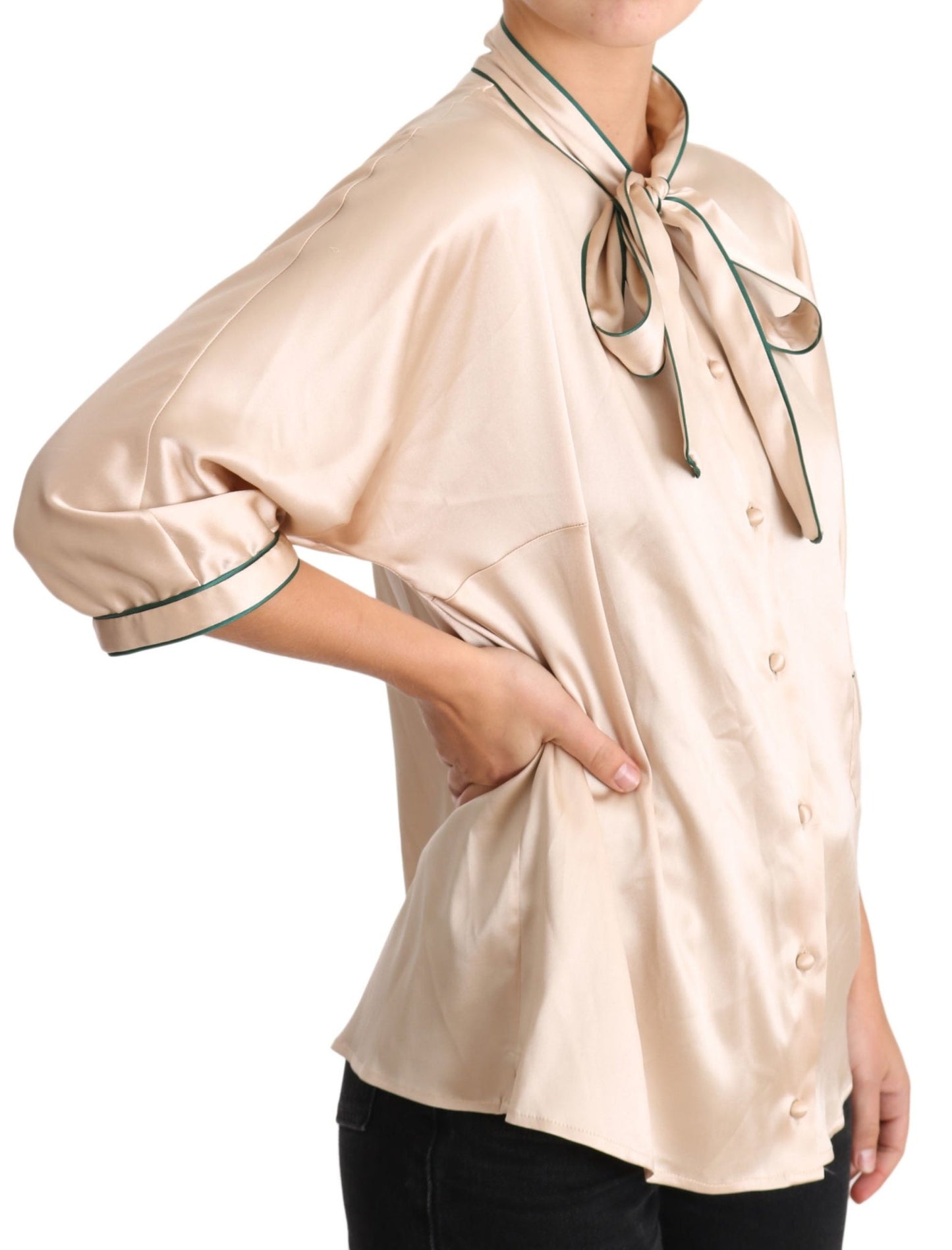 Beige Ribbon Silk Stretch Top Blouse - coffeewithmee2Dolce & GabbanaP2344S