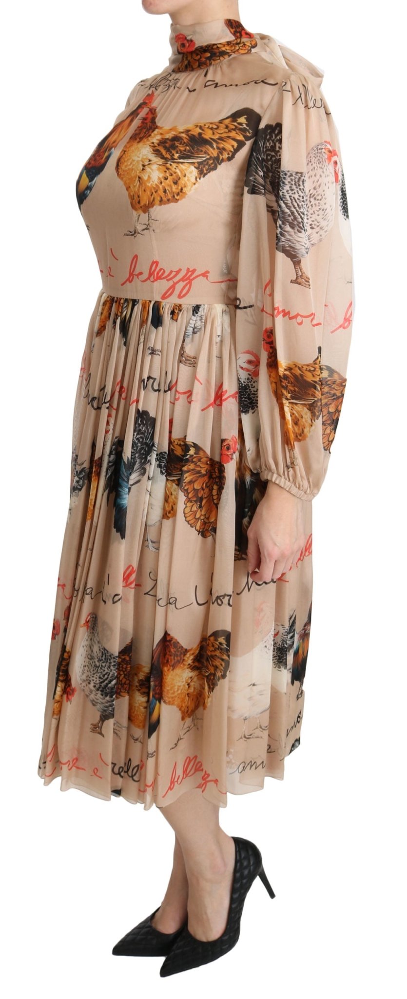 Beige Rooster Print Sheath Midi Silk Dress - coffeewithmee2Dolce & GabbanaP2654S