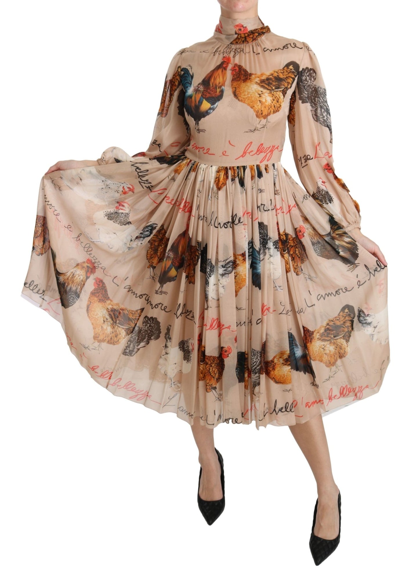 Beige Rooster Print Sheath Midi Silk Dress - coffeewithmee2Dolce & GabbanaP2654S
