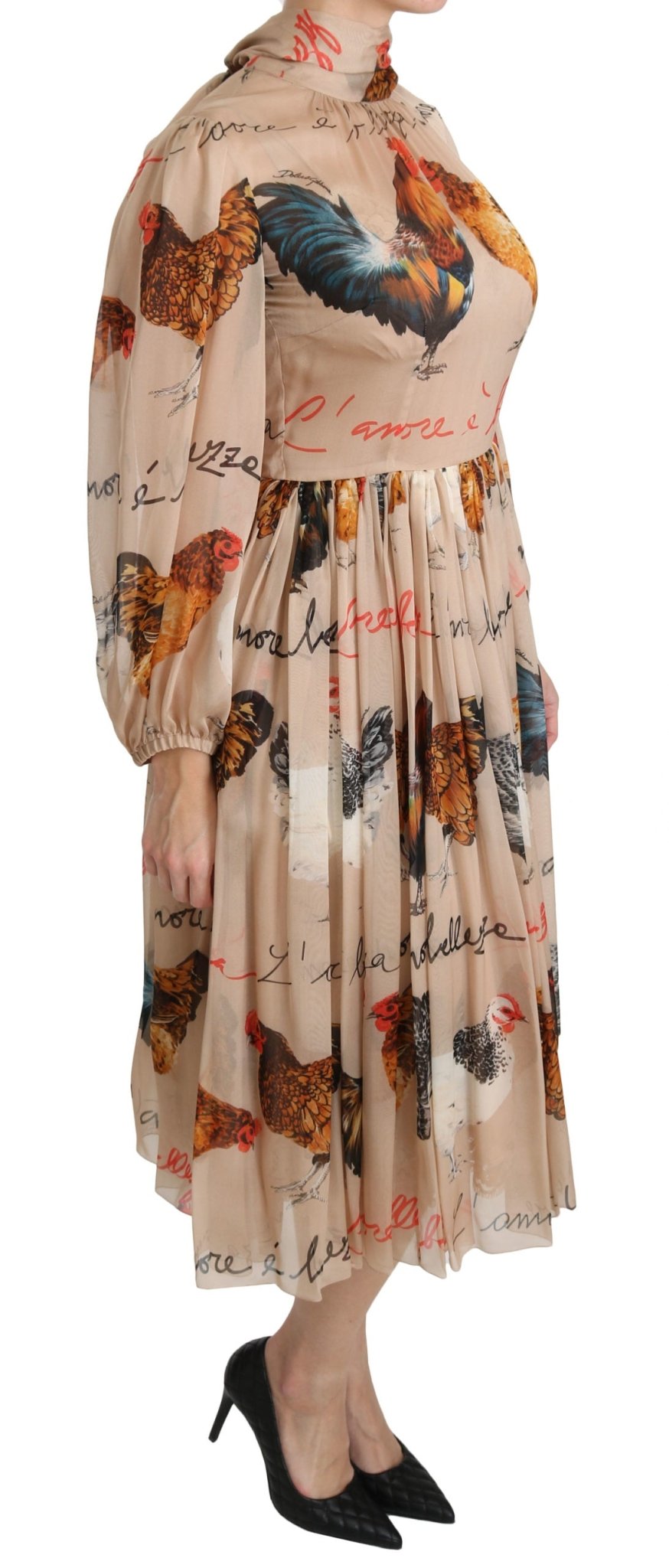 Beige Rooster Print Sheath Midi Silk Dress - coffeewithmee2Dolce & GabbanaP2654S