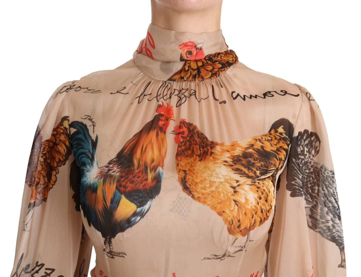Beige Rooster Print Sheath Midi Silk Dress - coffeewithmee2Dolce & GabbanaP2654S