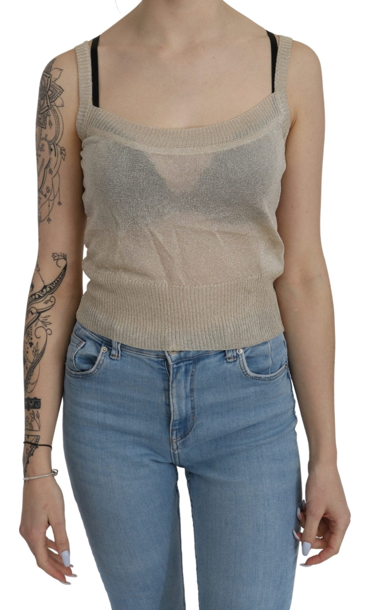 Beige Sleeveless Spaghetti Strap Tank See Through Top - coffeewithmee2BYBLOSP3289S
