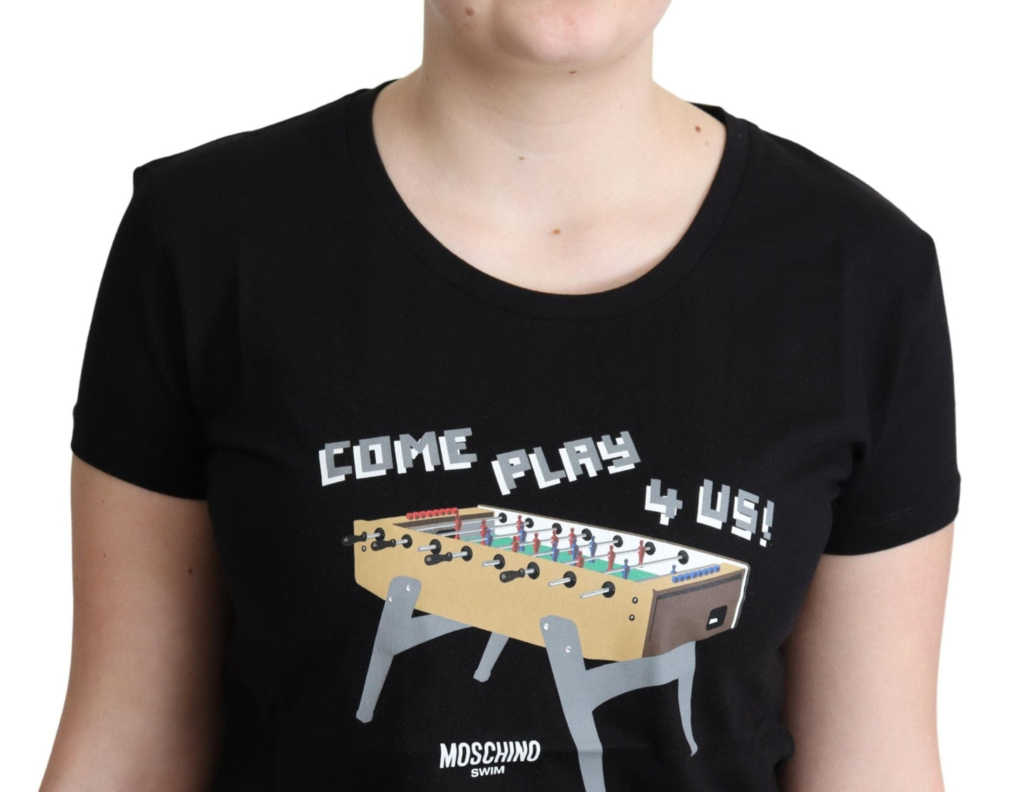 Black Cotton Come Play 4 Us Print Tops T-shirt - coffeewithmee2MoschinoP4532S