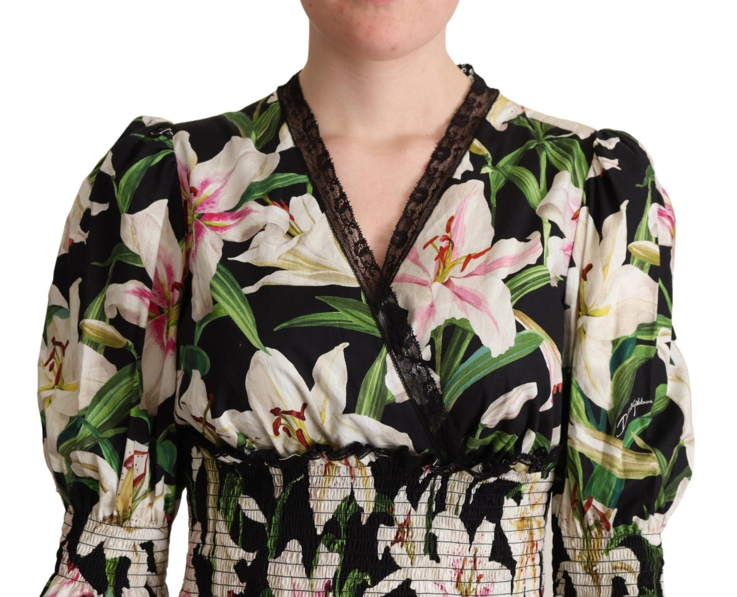 Black Cotton Lily Print Lace Trim Dress - coffeewithmee2Dolce & GabbanaP4967S