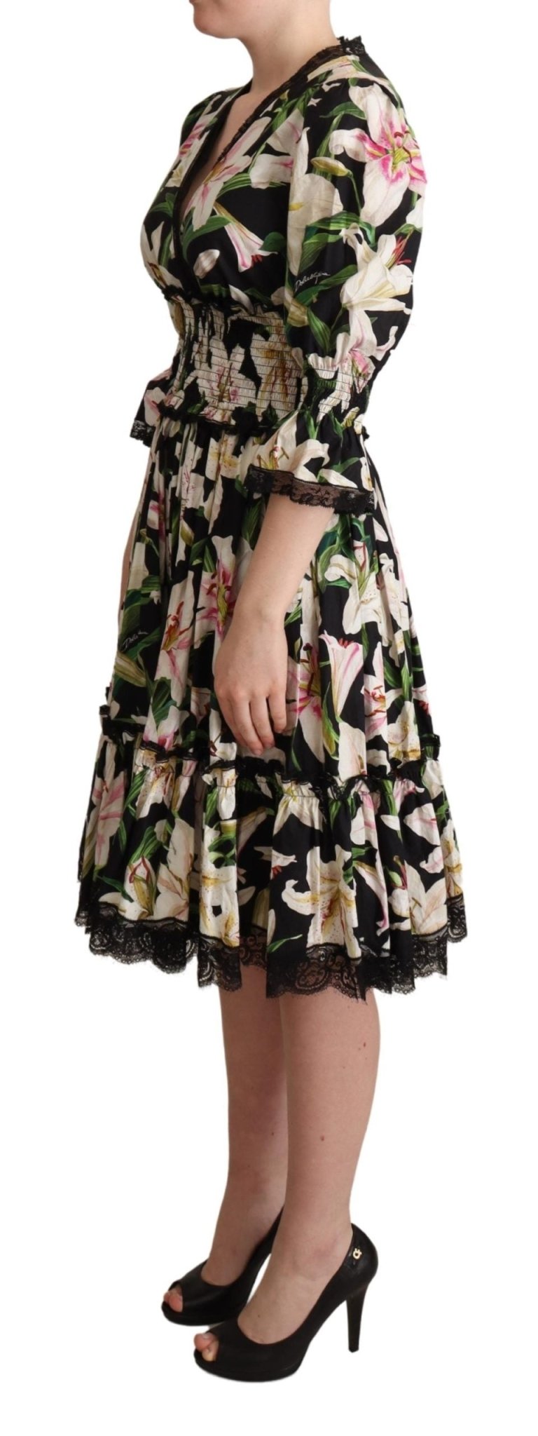 Black Cotton Lily Print Lace Trim Dress - coffeewithmee2Dolce & GabbanaP4967S