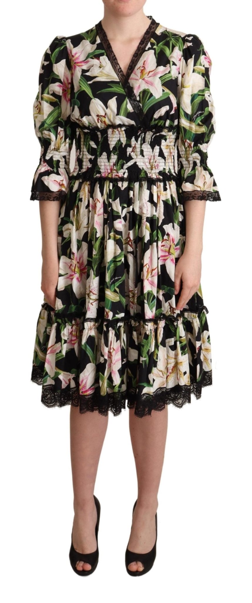 Black Cotton Lily Print Lace Trim Dress - coffeewithmee2Dolce & GabbanaP4967S