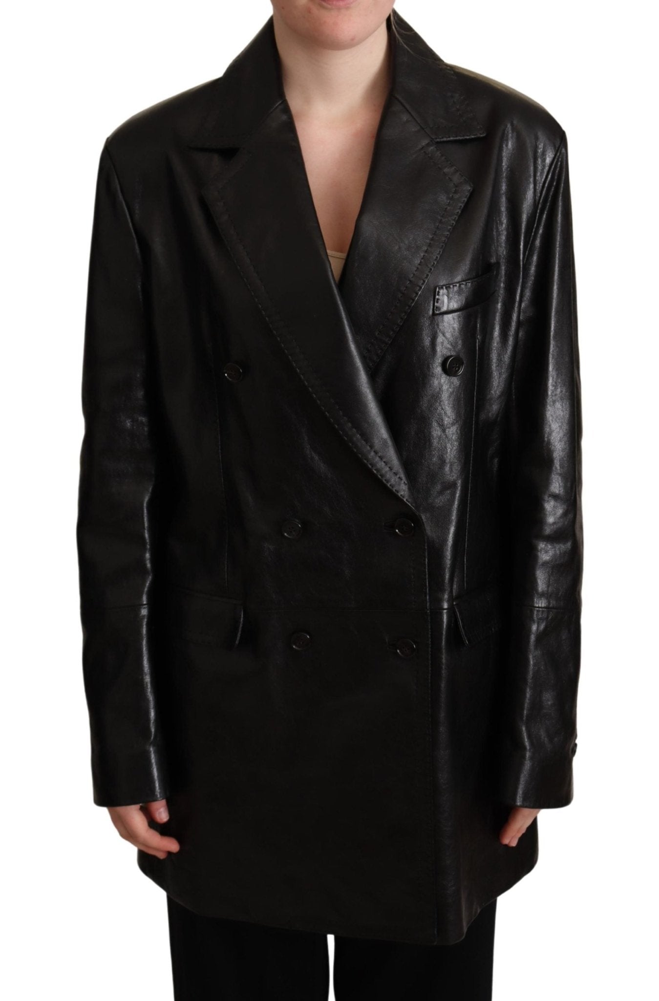 Black Double Breasted Coat Leather Jacket - coffeewithmee2Dolce & GabbanaP5101S