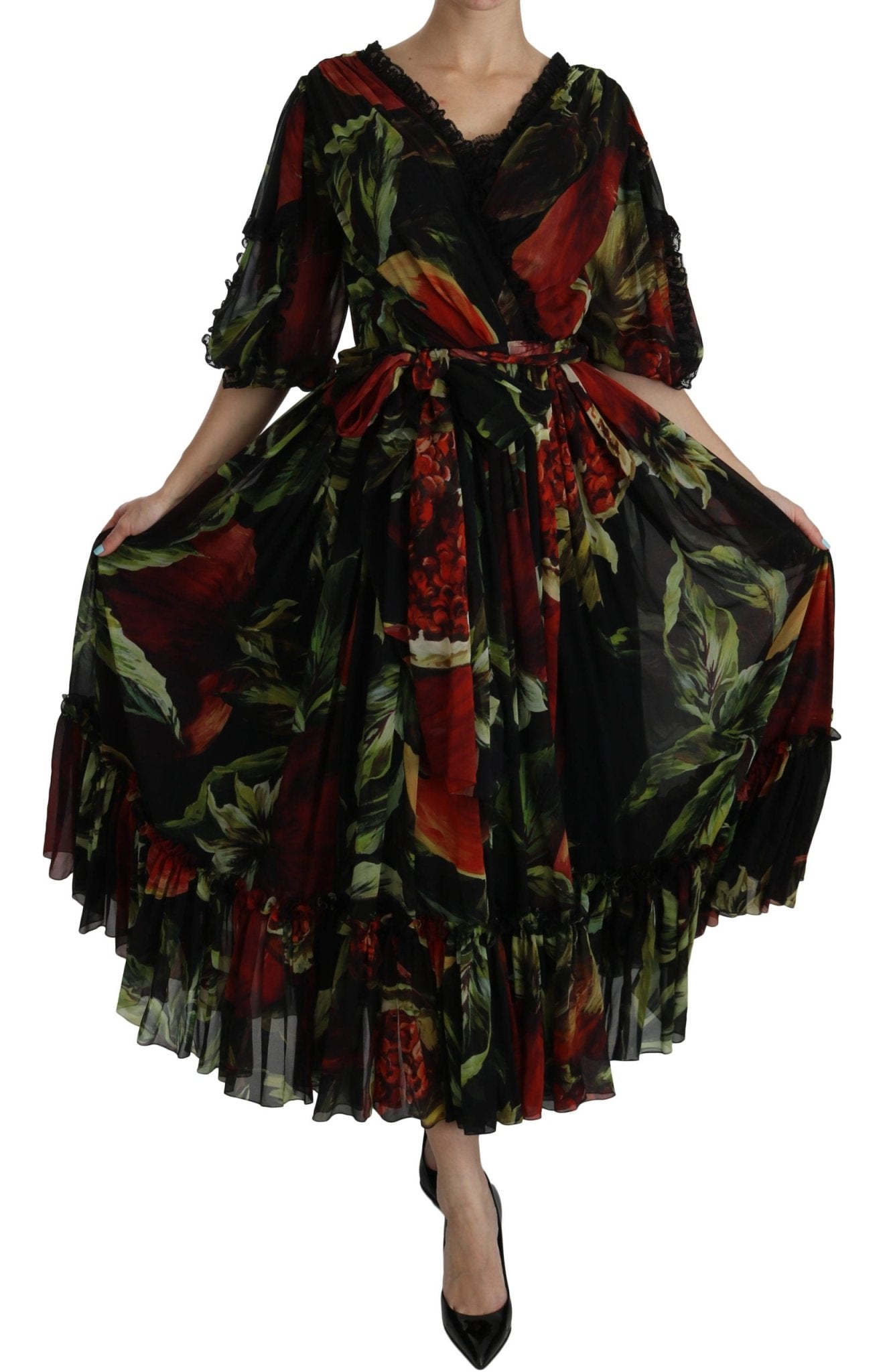 Black Floral Roses Pleated Maxi Silk - coffeewithmee2Dolce & GabbanaP2597S