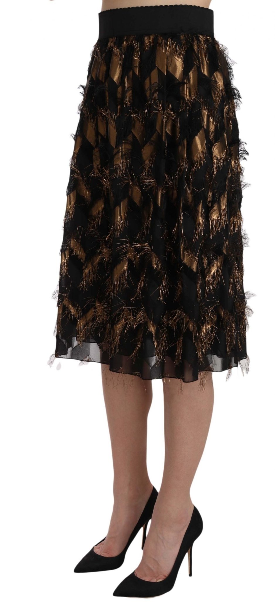 Black Gold Fringe Metallic Pencil A-line Skirt - coffeewithmee2Dolce & GabbanaP1545S