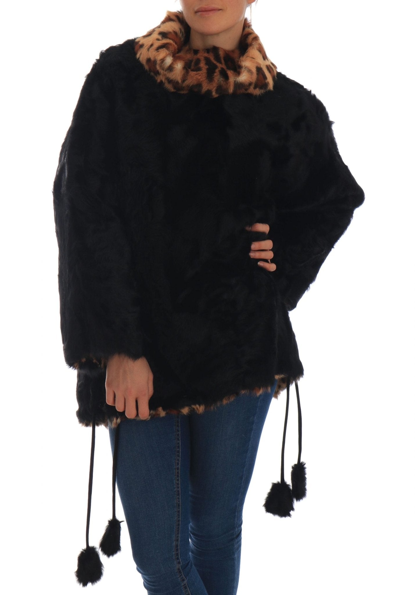 Black Lamb Leopard Print Fur Coat Jacket - coffeewithmee2Dolce & GabbanaP1513S