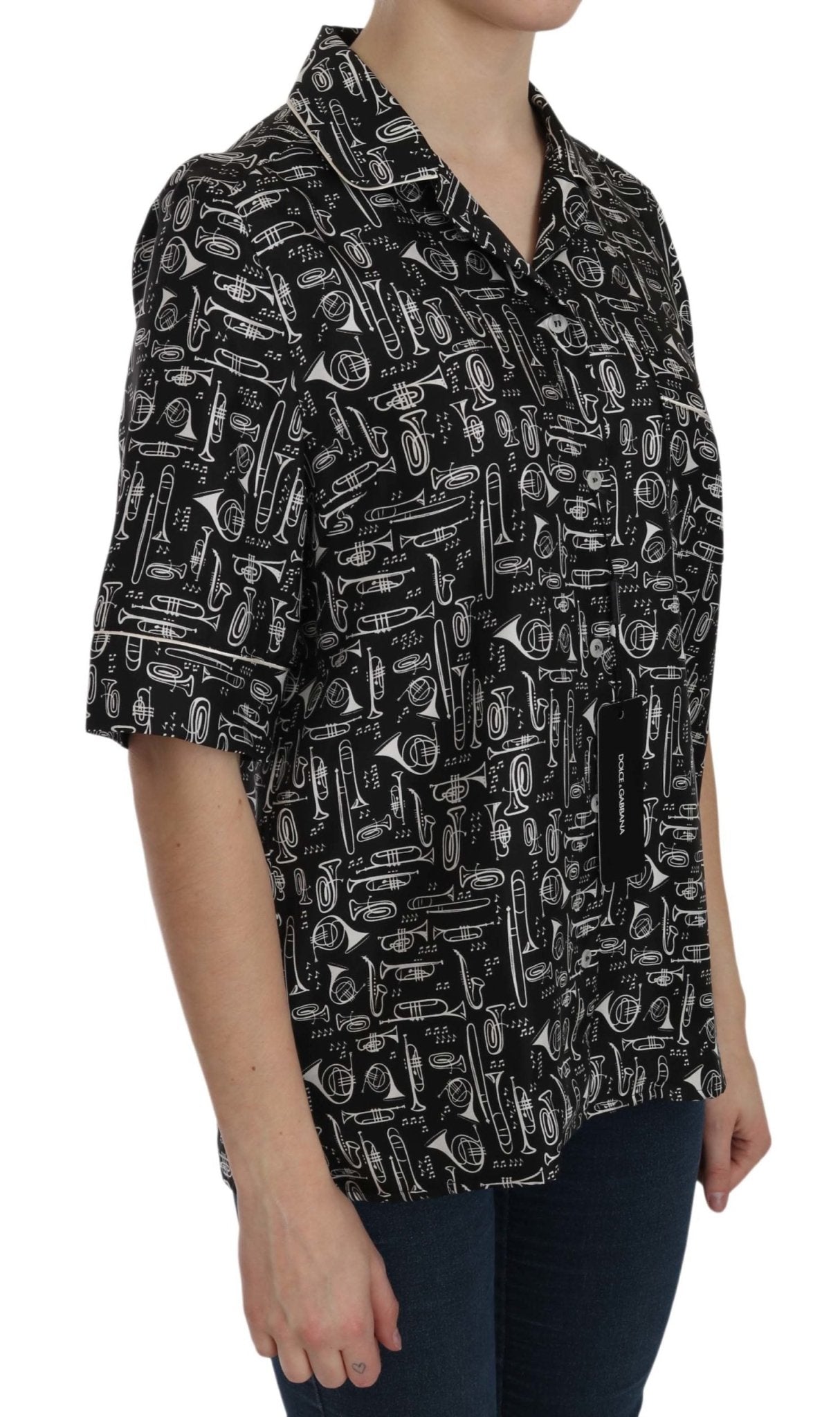 Black Musical Instrument Print Silk Top - coffeewithmee2Dolce & GabbanaP5686S