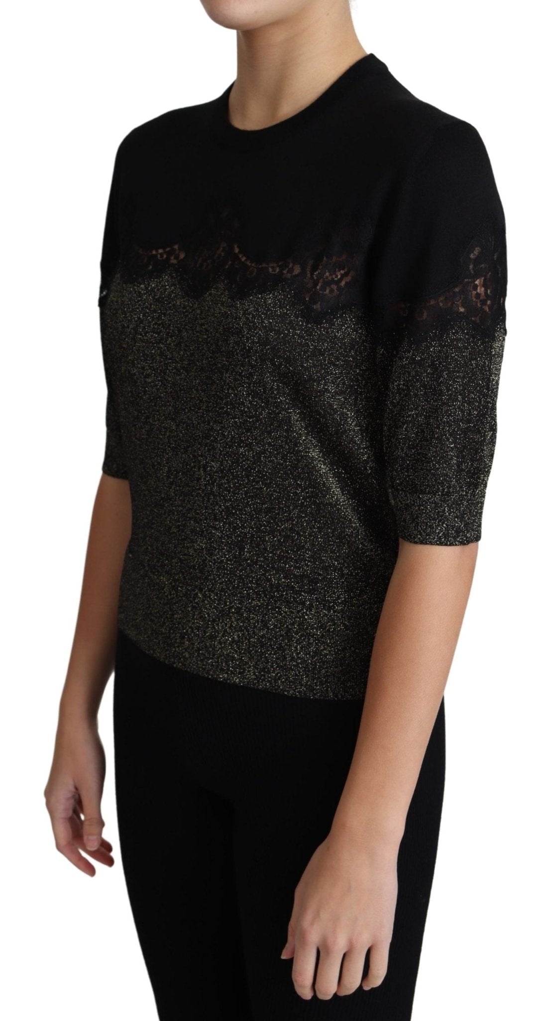 Black Shiny Lurex Lace Insert Pullover Top - coffeewithmee2Dolce & GabbanaP3866S