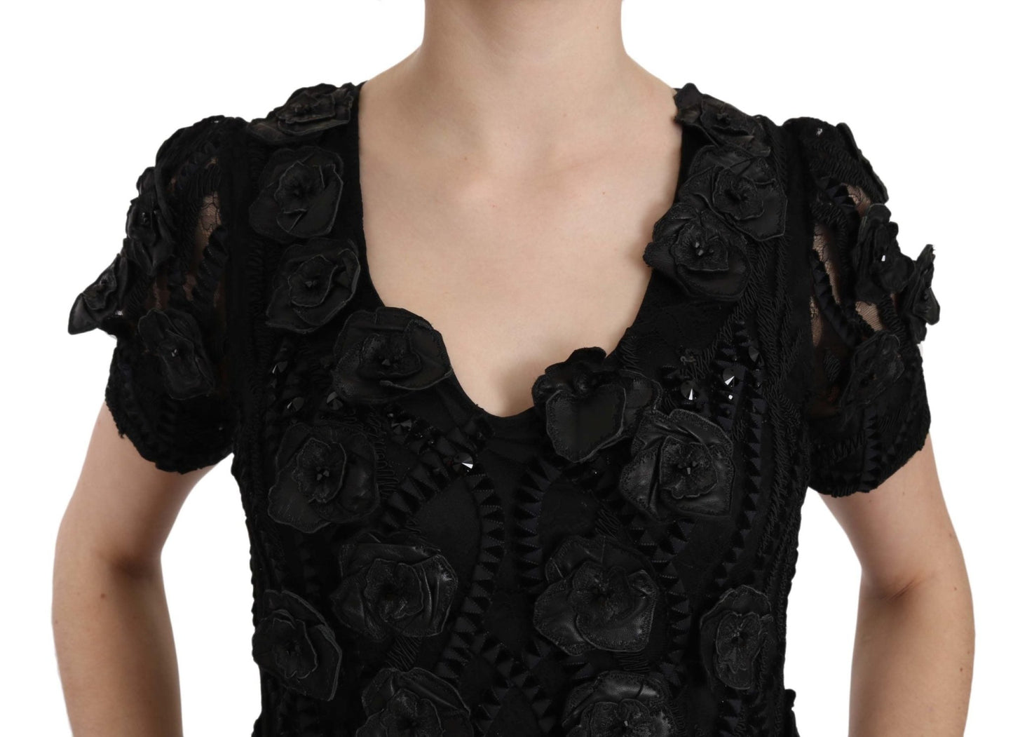 Black Silk Leather Flowers Sheath Dress - coffeewithmee2John RichmondP5692S