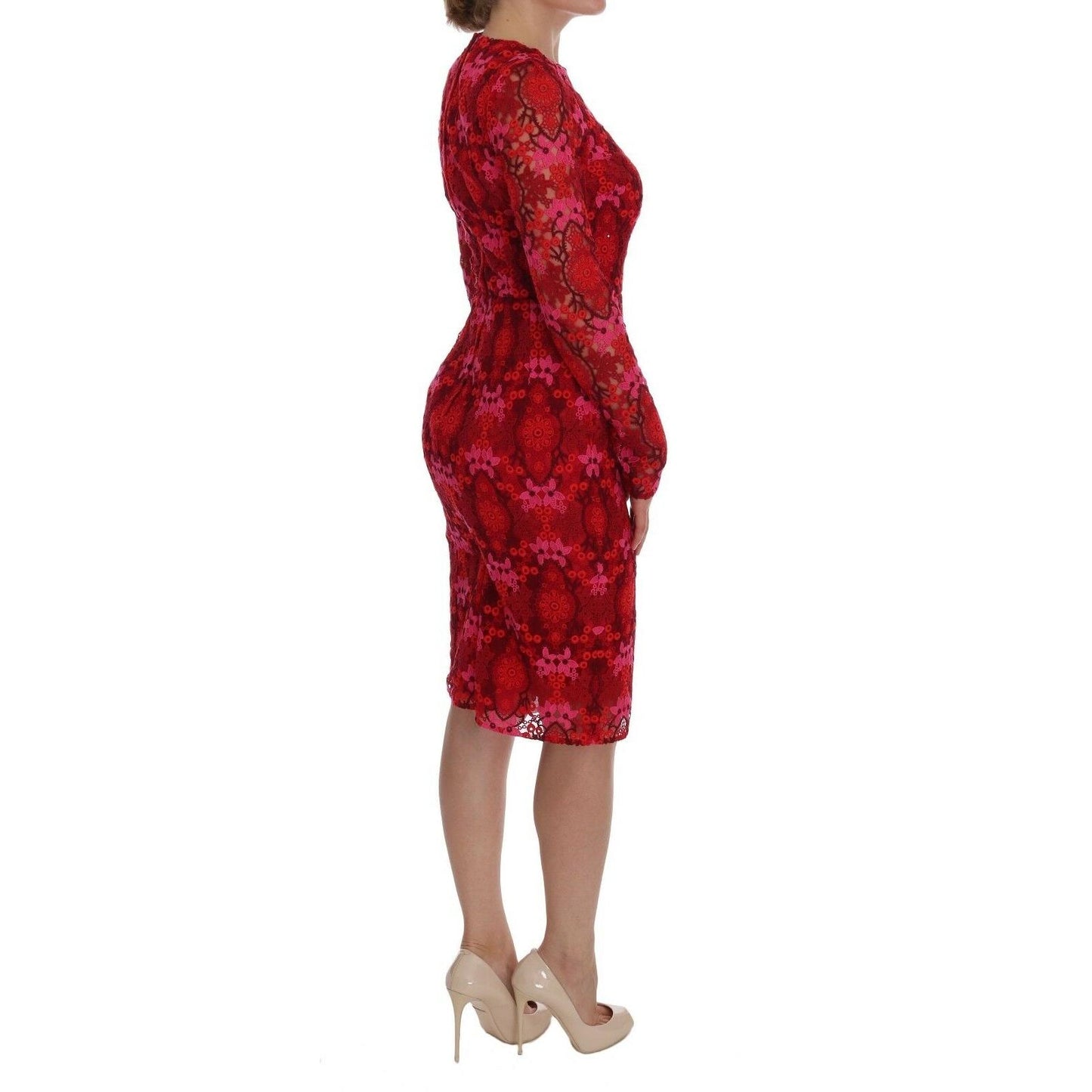 Red Floral Ricamo Sheath Long Sleeve Dress